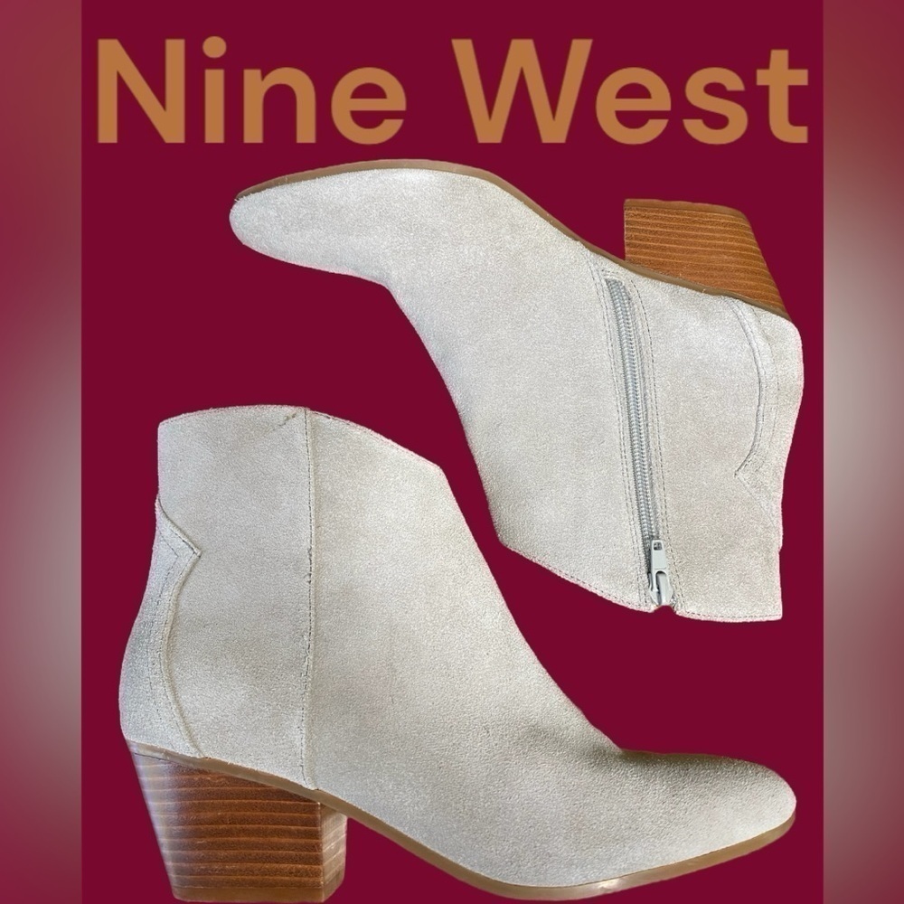 Nine West-NWT size 8.5 light putty gray “tristan” suede bootie.Side zip, 2” heel - Picture 3 of 14